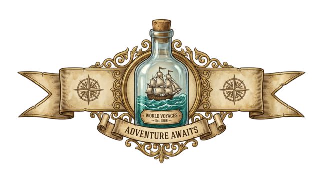Sailing ship inside a glass bottle with water, banner and compass graphics, isolated transparent background - Powered by Adobe