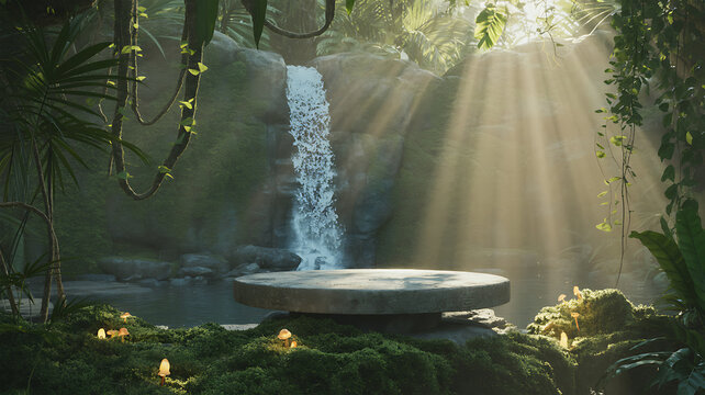 Pedestal in jungle with waterfall and sunbeams - Powered by Adobe