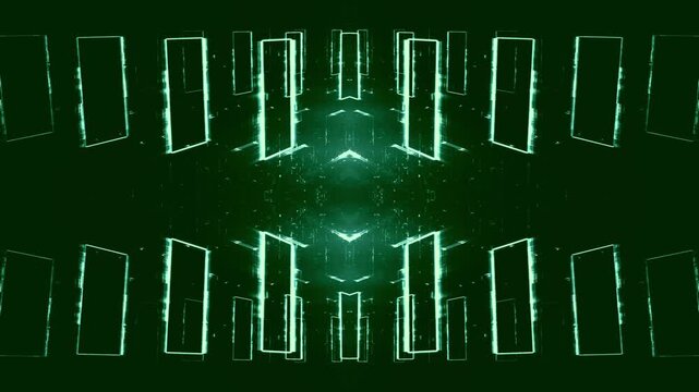 glowing geometry structures, digital technology innovation: futuristic forms, data visualization, network, 3D space, engineering, research, modern infrastructure, background, green
