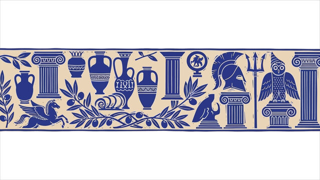 Greek Mediterranean ancient print set, hand-drawn vector kit with summer vacation retro design, mythology and bohemian silhouettes, antique vases, columns, sculptures, and olive stamp emblems.eps