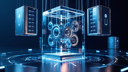 Floating cubes with gears and servers