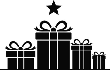 Black gift box silhouette illustration with ribbon bows and star symbol isolated on white background representing rewards celebration loyalty bonuses holidays and promotional marketing design concept