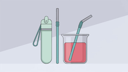 Reusable straws and glass beaker with red liquid