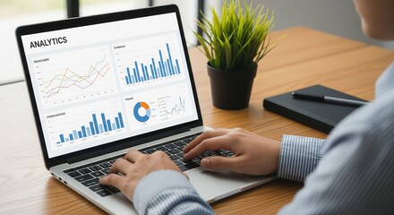 Professional analyzing business data charts on a laptop computer