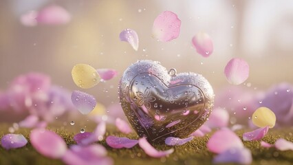 Obraz premium Shimmering heart pendant surrounded by falling petals in a soft, dreamy garden setting.