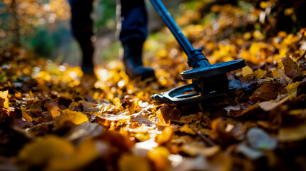 A person walking through a forest with a leaf-covered ground