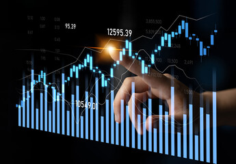 An innovative stock market growth visualization featuring a hand engaging with a dynamic financial chart, showcasing the power of technology in analytics. Scalp