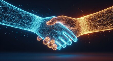 Futuristic digital handshake representing technology collaboration