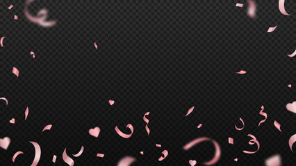 Fototapeta premium Romantic pink confetti and hearts falling on dark transparent background for party design.