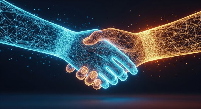 Futuristic digital handshake representing technology collaboration - Powered by Adobe