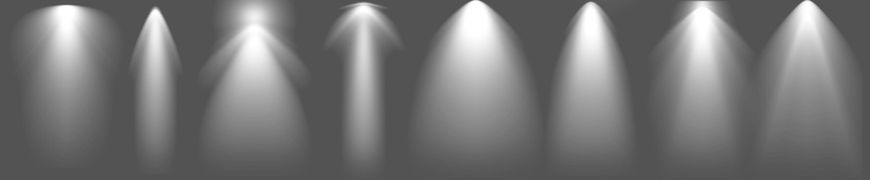 Multiple soft cone spotlights isolated on transparent background, realistic overhead stage light beams for presentation and event lighting overlay PNG