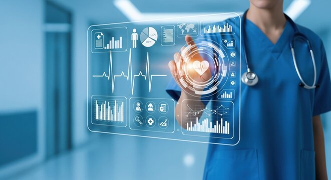 Healthcare professional interacting with futuristic digital medical data screen - Powered by Adobe
