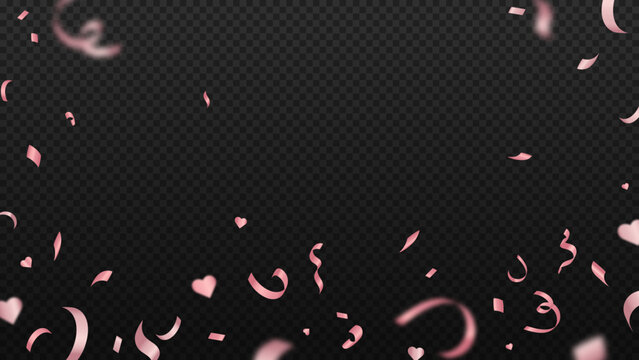 Romantic pink confetti and hearts falling on dark transparent background for party design.
