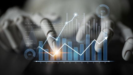 A robotic hand interacts with data visualization elements like graphs and charts, representing modern analysis and growth trends in a dynamic business environment. Scalp