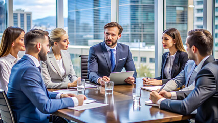 A group of business professionals engaged in a meeting around a large wooden table in a modern office with a city view.