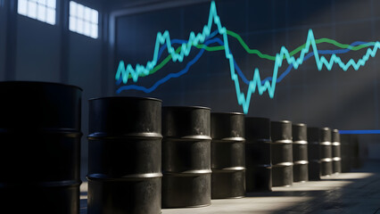 Crude Oil Barrels with Glowing Financial Stock Chart Generative-AI illustration.