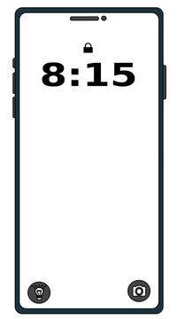 Mobile Smart Phone Black with White Phone Background Time is 8:15 with Camera, Flashlight, Locked Icons