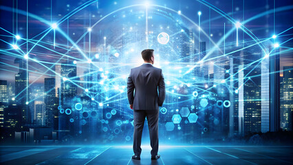 A businessman in a suit stands in front of a futuristic cityscape with a network of glowing blue lines and nodes