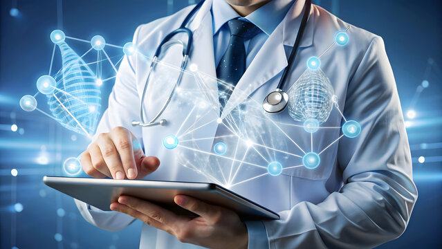 A doctor in a white lab coat uses a tablet with a futuristic network graphic overlay. - Powered by Adobe