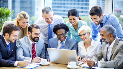 A diverse group of business professionals gathered around a laptop in a modern office setting