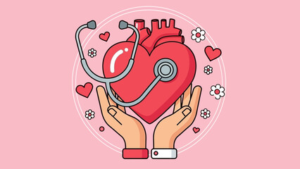 Heart Care Concept: Hands Holding Heart with Stethoscope, Flowers and Hearts