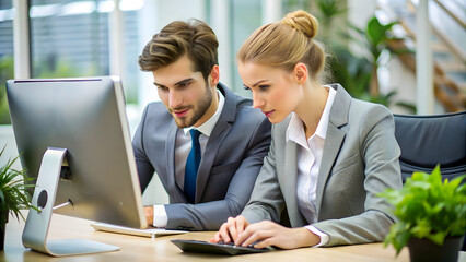 Two business professionals collaborating on a computer in a modern office setting