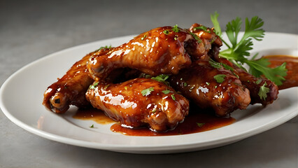 Glossy barbecue chicken wings with red sauce bowl
