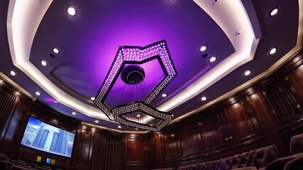 Chandelier, modern, purple, lighting, design enhances the luxurious atmosphere in this stunning room. The innovative structure and vibrant hue bring elegance and creativity, elevating the overall aest