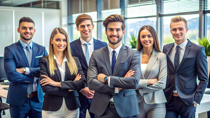 A group of young professionals standing together in a modern office with confidence and positivity
