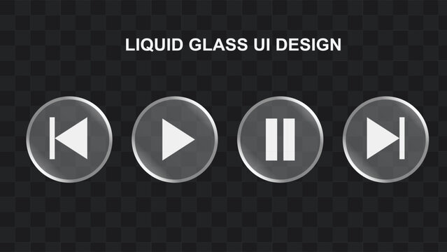 A set of four transparent liquid glass UI media player control buttons, including previous, play, pause, and next.