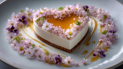 Elegant heart shaped dessert decorated with delicate edible flowers and glossy honey glaze on a ceramic plate. Romantic gourmet food concept for Valentine’s Day, weddings, fine dining menus and luxury