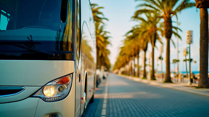 A long white bus driving down a tree-lined street