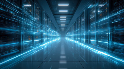 Fototapeta premium Futuristic data center corridor with glowing blue light streaks