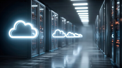 Fototapeta premium Glowing cloud symbols in a dark server room data center