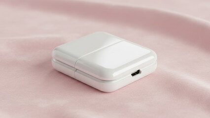 A compact, foldable phone charger with a light, glossy finish, placed neatly on a soft pink background 1