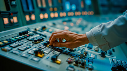 Obraz premium A person's hand is operating a control panel with various buttons and switches