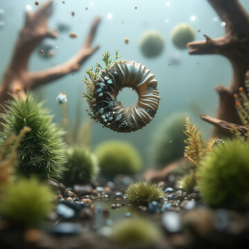 Mystical photorealistic underwater world. A bizarre seashell floats among the microcosm of succulents
