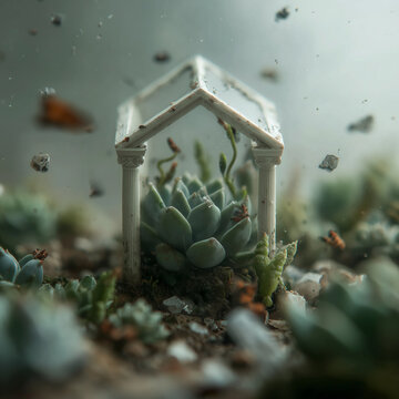 Mystical photorealistic underwater aquarium world. Miniature ruins of an ancient temple among succulents