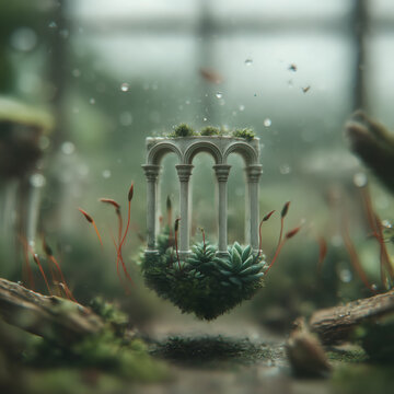 Mystical photorealistic underwater aquarium world. Ruins of an ancient microcosm