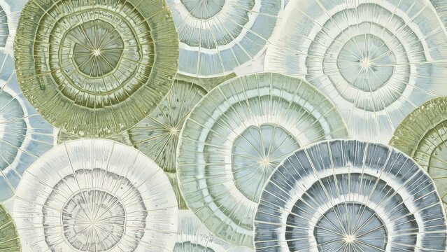 Abstract organic circular patterns in soothing pastel green and blue hues