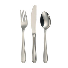Stainless steel fork, knife, and spoon cutlery isolated on a transparent background