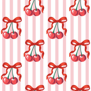 Red cherry with bow, pink striped background seamless pattern. Summer fruit wallpaper.