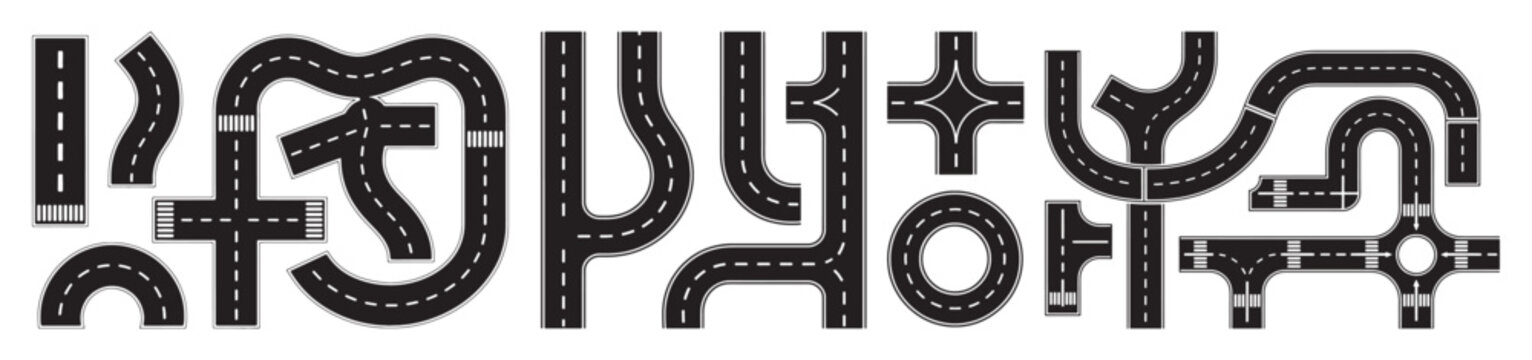 Vector Set of Road Elements for City Map or Game, Top View Highway Street Parts