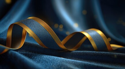 Curving gold-edged ribbon atop textured, deep blue fabric
