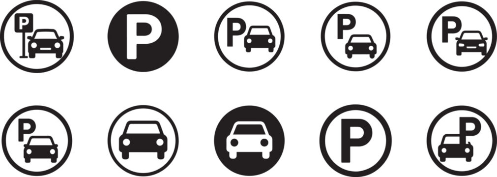 Circle car parking icon vector set with bold silhouette style, modern parking symbol isolated on white.