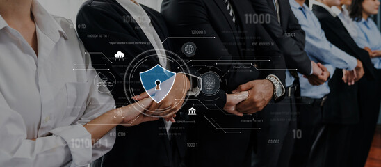 A diverse group of business professionals collaborates on innovative security solutions, showcasing digital interfaces that highlight data protection and industry insights. Trope