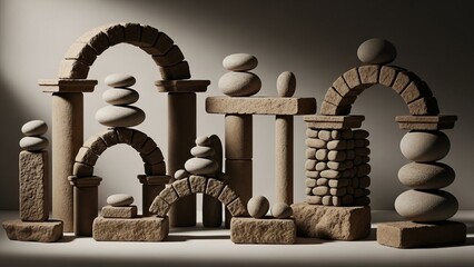 Serene architectural stone structures with balanced stacked pebbles creating a sense of calm and order.