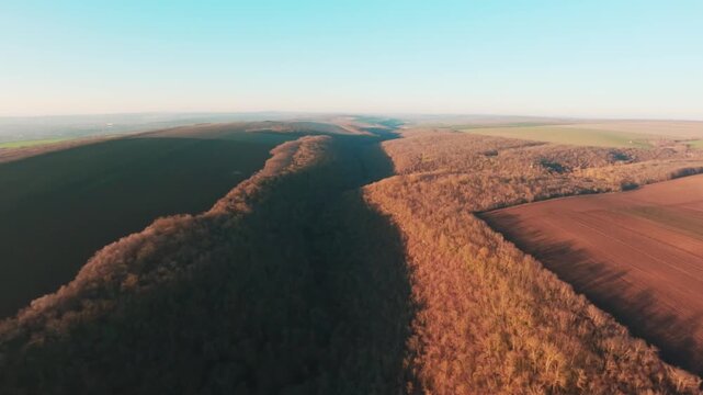 FPV drone aerial shot. Beautiful mountain view of nature landscape in late autumn. Moldova, Europe