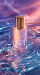 Glass bottle on rippling water with pink and blue light