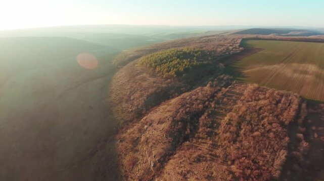 FPV drone aerial shot. Beautiful mountain view of nature landscape in late autumn. Moldova, Europe
